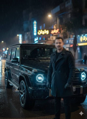 Man in black coat standing by luxury car on rainy city street at night