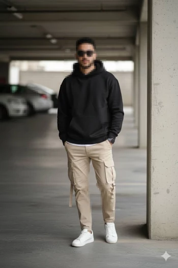 Man in black hoodie and beige cargo pants posing casually in parking garage
