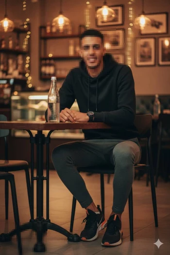 Man in Black Hoodie Sitting at Cozy Café Table Under Warm Lights