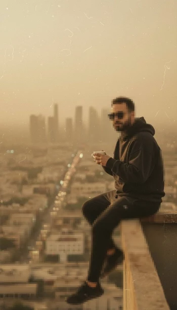 Man in black hoodie sitting on rooftop edge overlooking city at sunset
