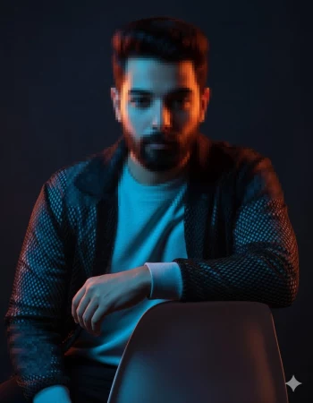 Man in black jacket and grey sweatshirt under cinematic blue and orange lighting