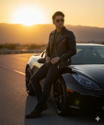 Man in black leather jacket leaning on sports car at sunset