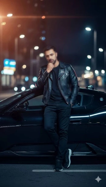 Man in black leather jacket leaning on sports car under city night lights