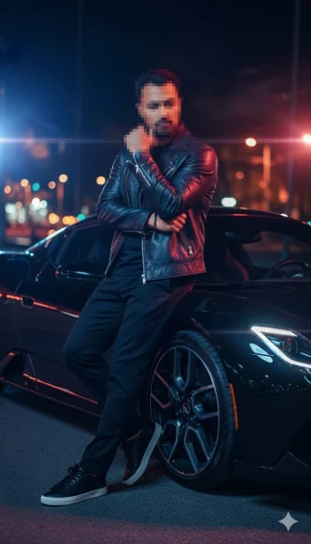 Man in black leather jacket leaning on sports car under neon city night lights