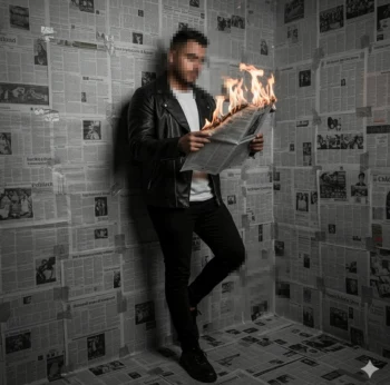 Man in black leather jacket reading a burning newspaper in a dark artistic room