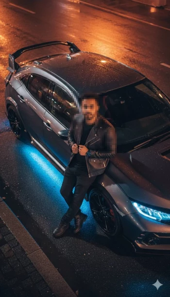 Man in Black Leather Jacket Standing Beside Gray Sports Car at Night