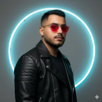 Man in Black Leather Jacket with Neon Blue Circle and Red Sunglasses