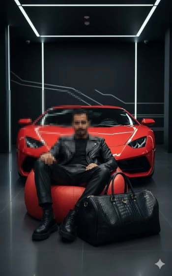 Man in Black Leather Outfit Sitting in Front of Red Luxury Sports Car