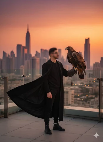 Man in Black Outfit Holding Eagle on Rooftop at Sunset City Skyline