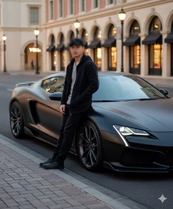 Man in black outfit standing beside a matte black sports car on city street