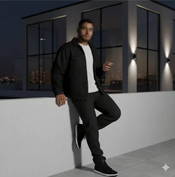 Man in black outfit standing on rooftop terrace at night with city lights