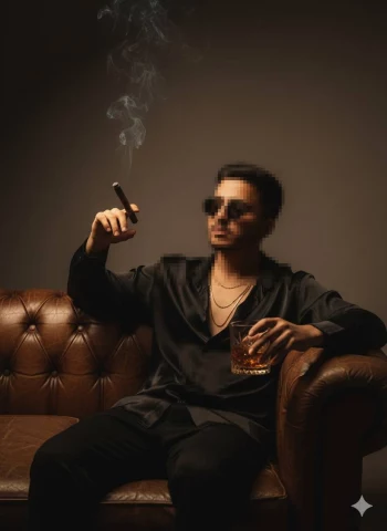 Man in Black Satin Shirt Smoking Cigar and Holding Whiskey Glass