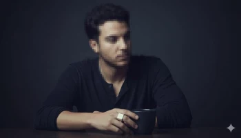 Man in Black Shirt Sitting at Table Holding Cup in Moody Dark Studio
