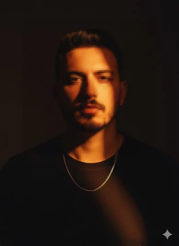 Man in Black Shirt Under Dramatic Warm Light with Cinematic Shadow
