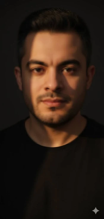 Man in Black Shirt Under Warm Sunlight with Cinematic Shadows