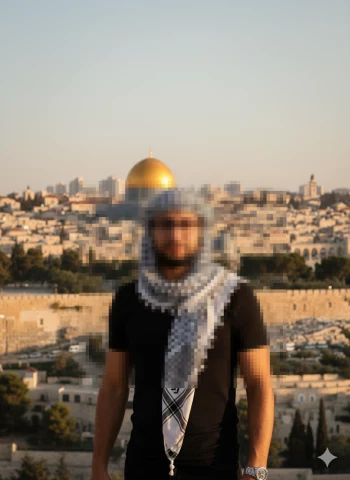 Man in black shirt with keffiyeh standing before Dome of the Rock at sunset