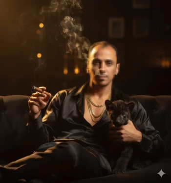 Man in black silk shirt smoking cigar while holding a black panther cub