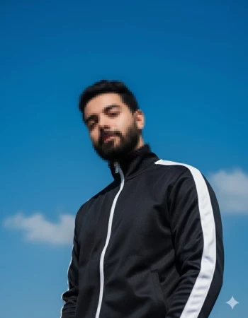 Man in black sports jacket with white stripes posing under clear blue sky
