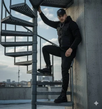 Man in Black Streetwear Outfit Climbing Spiral Staircase on Rooftop Urban Scene