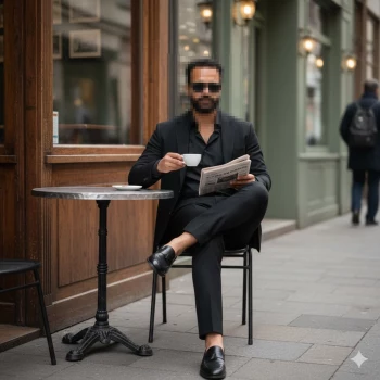 Man in black suit enjoying coffee and reading newspaper at outdoor café