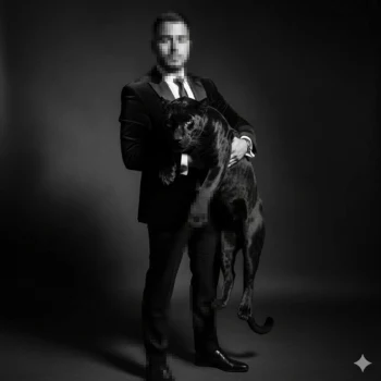 Man in Black Suit Holding Panther in Elegant Monochrome Studio Portrait