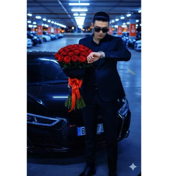 Man in black suit holding red roses beside luxury car in underground parking lot