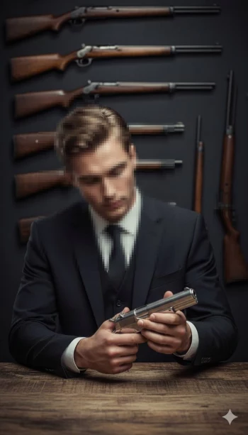 Man in Black Suit Holding Silver Pistol Sitting in Elegant Armory Room