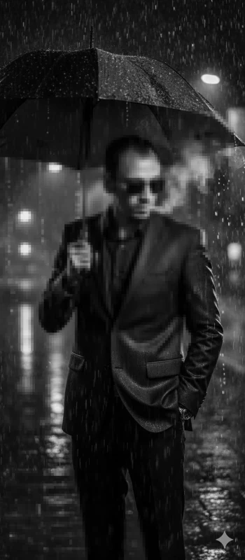 Man in Black Suit Holding Umbrella Under Rain at Night