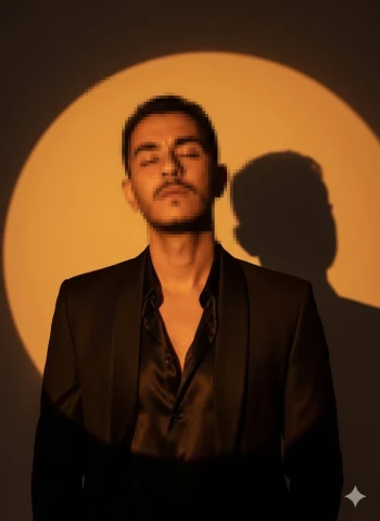 Man in Black Suit Posing Under Warm Golden Light with Dramatic Shadow