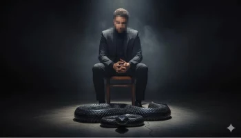 Man in black suit sitting calmly with a large black snake in dramatic lighting