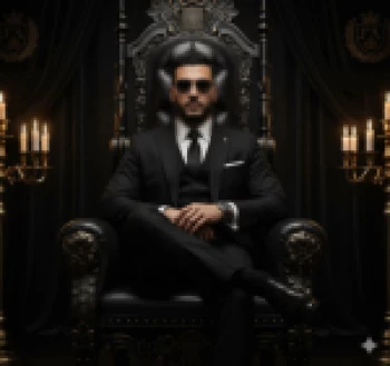 Man in black suit sitting confidently on royal throne surrounded by candles