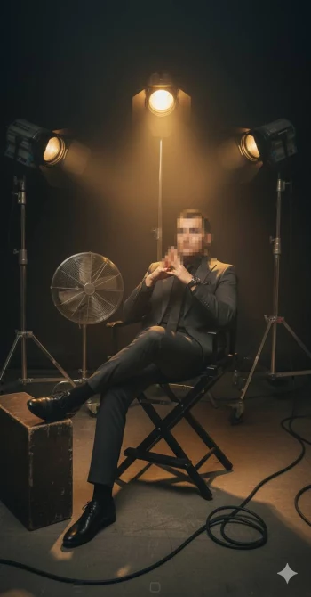 Man in Black Suit Sitting Confidently Under Studio Lights