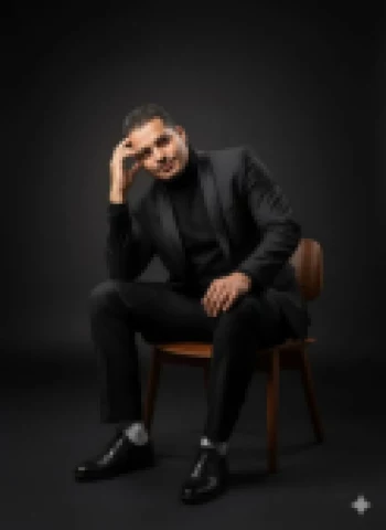 Man in Black Suit Sitting on Chair in Stylish Dark Studio Portrait