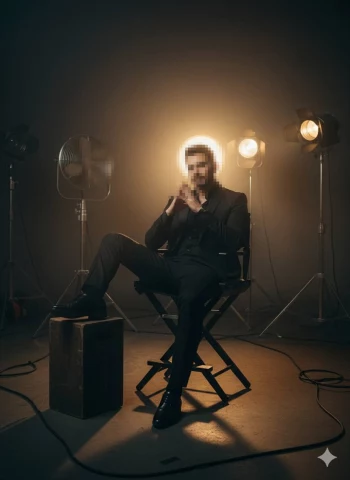 Man in black suit sitting on director chair under cinematic studio lights