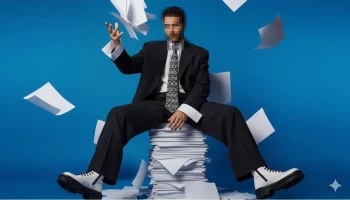 Man in Black Suit Sitting on Pile of Papers While Throwing Sheets in Blue Studio