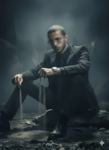 Man in Black Suit Sitting with Flowing Sand in Dark Cinematic Setting