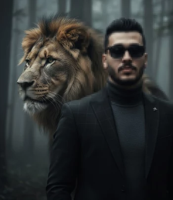 Man in black suit standing confidently beside lion in misty forest