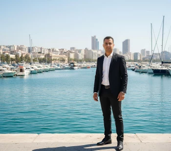 Man in black suit standing confidently by the marina with city skyline behind