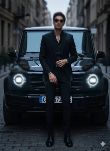 Man in Black Suit Standing Confidently in Front of Luxury Black Mercedes G-Class