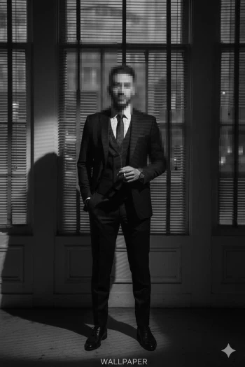 Man in black suit standing in dramatic window light with classic elegant style