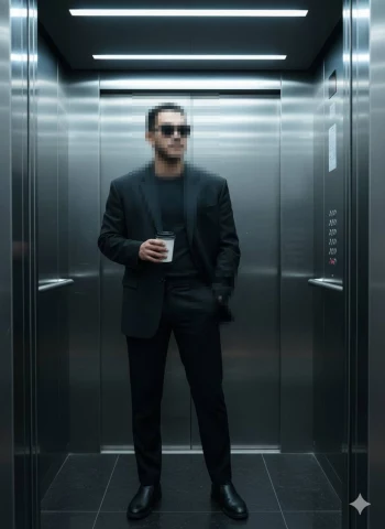 Man in black suit with coffee standing confidently in modern elevator