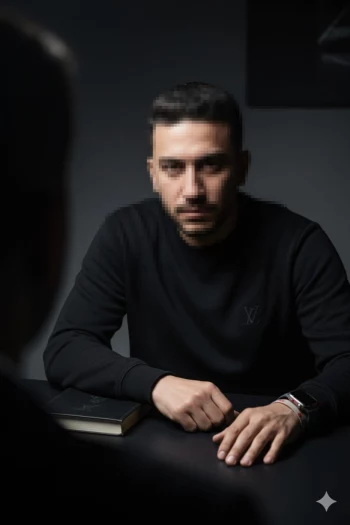 Man in black sweatshirt sitting at dark table with confident serious look