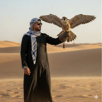 Man in Black Thobe Holding Falcon in Desert with Golden Sand Dunes
