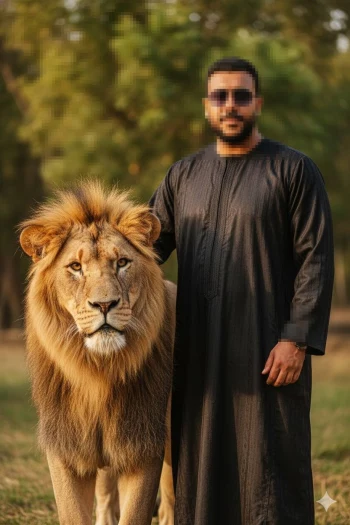 Man in black thobe standing confidently beside a majestic lion in nature