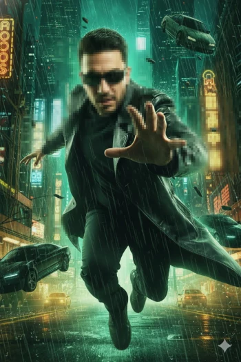 Man in black trench coat using powers in futuristic neon city during rain