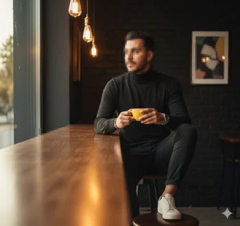Man in black turtleneck enjoying coffee by window in cozy modern café