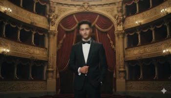 Man in black tuxedo standing confidently inside a grand opera house