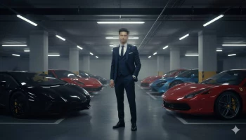 Man in Blue Suit Standing Among Luxury Sports Cars in Underground Garage