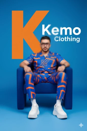 Man in bold blue and orange patterned outfit sitting on blue chair fashion ad