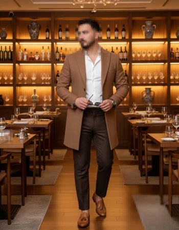 Man in brown coat and white shirt walking c